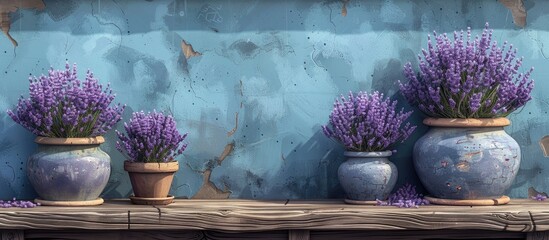 Wall Mural - Purple lavender flowers planted in flowerpots displayed on a wooden table against a blue wall, adding a touch of color and nature to the buildings exterior