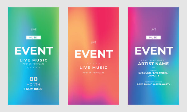 Music event templates set for stories. Night club party, musical entertainment. Colorful design for social networks. Story mockup. Vector illustration