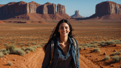 Wall Mural - Bellissima donna con capelli lunghi neri sorride felice durante una vacanza nella Monument Valley negli Stati Uniti d'America