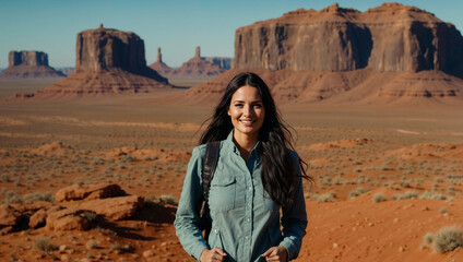 Wall Mural - Bellissima donna con capelli lunghi neri sorride felice durante una vacanza nella Monument Valley negli Stati Uniti d'America