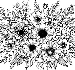 Flowers black outline illustration coloring book page