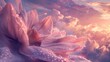 A delicate blossom, covered in dew drops, appears to soar through a vibrant sunset sky, with clouds glowing in the fading light.