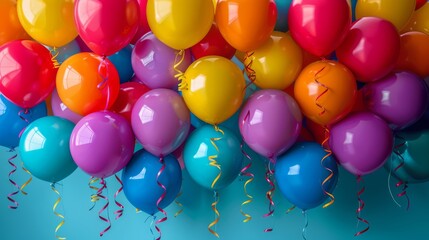 Poster -   A vibrant cluster of balloons featuring streamers and confetti against a blue backdrop