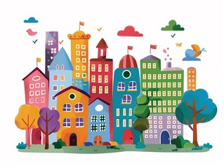  Whimsical Colorful Cityscape with Nature Elements