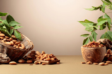 Wall Mural - Almond nuts on a brown background.