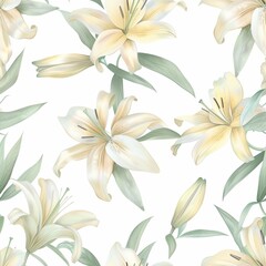 Canvas Print - A soft and elegant seamless pattern featuring watercolor lilies in lemon yellow hues, perfect for textiles and wallpapers.