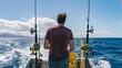 Man Fishing on a Sunlit Ocean, Back Turned to Camera, Peaceful Deep Sea Adventure Awaits. Fishing Rods Line the Boat Rails. AI