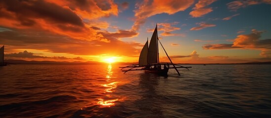 Wall Mural - amazing tropical sunset and silhouette of sailing boats
