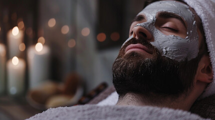 cosmetician applying clay facial mask on young man face. skincare in a beauty salon. man getting fac