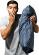 Amazed Caucasian man with pillow PNG file no background 