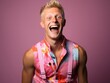 Man in Colorful Shirt and Suspenders Making Funny Face