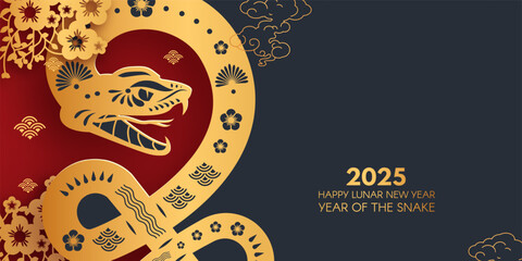 Happy Chinese New Year 2025 with Snake zodiac sign and flowers. Lunar new year card template. Gold paper cut style on color background.