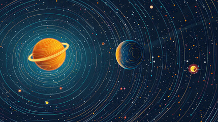 Wall Mural - A colorful space scene with a large orange planet in the center