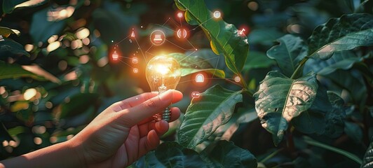 A hand holds a light bulb against nature on a green leaf with symbols of energy sources. generative ai