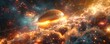 Giant burger-shaped spaceship soaring through a galaxy filled with dancing TikTok icons and colorful filter effects 3D render, golden hour, chromatic aberration