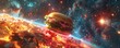 Giant burger-shaped spaceship soaring through a galaxy filled with dancing TikTok icons and colorful filter effects 3D render, golden hour, chromatic aberration