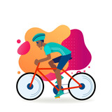 Fototapeta Abstrakcje - Athletic man cycling outdoors. Athlete riding bike, hardhat, race flat vector illustration. Sport, activity, lifestyle concept for banner, website design or landing web page