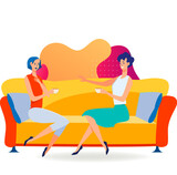 Fototapeta Abstrakcje - Cheerful female friends meeting and chatting. Women sitting on couch, drinking tea, talking flat vector illustration. Communication, friendship concept for banner, website design or landing web page