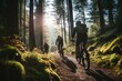 Early morning outdoor activity with a cyclist and hikers on a forest trail, sunlight streaming through the trees, highlighting the natural scenery.