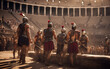 Gladiators awaiting their turn in the Colosseum, a tense air as spectators cheer, ancient Rome bustling around them