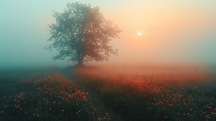 Poster -   A misty meadow featuring a single tree in the foreground and the sun illuminating the haze in the backdrop