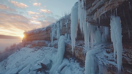 Wall Mural -   A cliff cloaked in ice and icicles, with the sun sinking beyond the cliff and clouds overhead