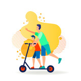 Fototapeta Abstrakcje - Happy dad and son riding scooter together. Young man and boy enjoying outdoor activity flat vector illustration. Family, lifestyle, vacation concept for banner, website design or landing web page