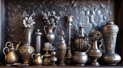 Wall Mural - Antique Metalwork Ensemble, Create images featuring an ensemble of antique metalwork items, including vases