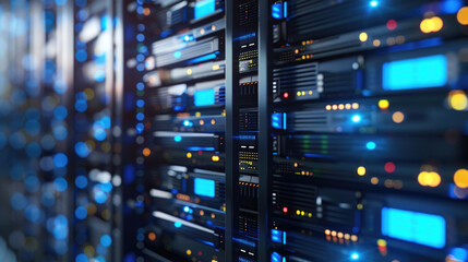 Canvas Print - Close-Up of Mainframe Storage Servers in Data Center, Mainframe Servers at the Heart of Cloud Network