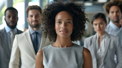 Poster - Confident Diverse Team Led by a Young Woman. Professional Group Portrait. Concept of Leadership and Cooperation. Modern Office Background. AI