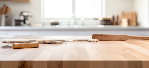 Poster - Explore the rustic charm of a kitchen interior, complete with a wooden table and chairs, set against a softly blurred background for a cozy atmosphere.