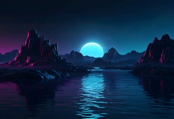 Futuristic night landscape with abstract landscape and island, moonlight, shine. Dark natural scene with reflection of light in the water, neon blue light. Dark neon background. 3D illustration