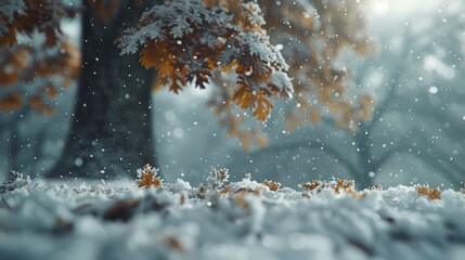 Poster -   A serene winter wonderland featuring a majestic tree in the foreground and intricate snowflakes adorning the ground