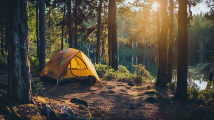 yellow tent at forest campsite, outdoor leisure adventure