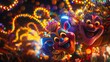 Colorful carnival scene, swirling lights, joyful characters, exaggerated features
