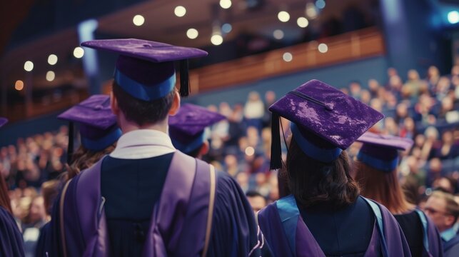 Graduates walking across the stage to receive their diplomas from the university president