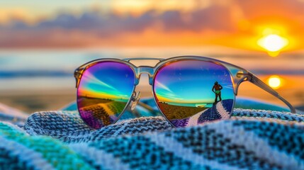 Wall Mural - A pair of sunglasses reflecting the vibrant colors of a sunset, resting on a beach towel