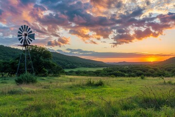 a panorama of a lush green meadow at sunset, with a rustic windmill silhouetted against the colorful