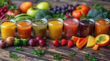 Glass Baby Food Containers With Homemade Purees, Assorted Fruits And Vegetables Around, On A Wooden Surface, Promoting Zero Waste Feeding.