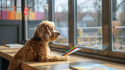 Wall Mural - A brown cockapoo sits at a bench in a kindergarten