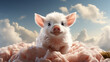 A whimsical logo icon of a flying pig on a fluffy cloud background.