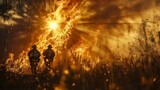 Fototapeta  - Firefighters bravely combat a raging blaze in the golden twilight, their courage illuminated by the whimsical dance of transparent flames.