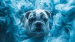 A playful baby bulldog explores endless loops in a serene blue void, embodying a sense of space and tranquility.