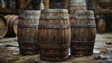 Fototapeta  - Wooden wine barrels in the cellar of a winery, close-up