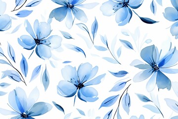 Wall Mural - Blue flower petals and leaves on white background seamless watercolor pattern spring floral backdrop