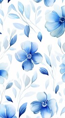  Blue flower petals and leaves on white background seamless watercolor pattern spring floral backdrop