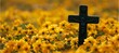 Religious symbol of a cross against a vibrant field of yellow flowers.