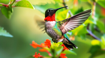 Wall Mural - A hummingbird is flying through a lush green forest. The bird is green and red, with a long tail and a black beak. Concept of freedom and natural beauty. the mesmerizing shimmer of its plumage