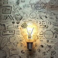  An illuminated light bulb stands out against a hand-drawn mural of creative and analytical concepts, symbolizing a bright idea in a sea of innovation and strategy.