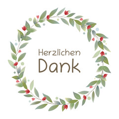 Canvas Print - Herzlichen Dank - Schriftzug in deutscher Sprache. Dankeskarte mit einem Blätterkranz mit roten Herzen und Blumen.